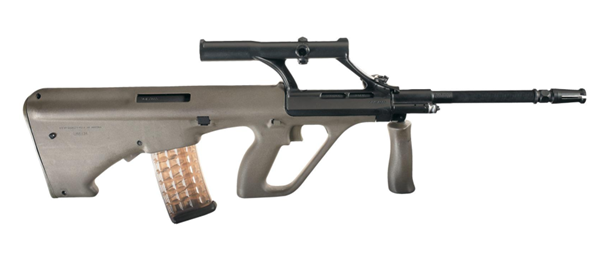 An old version of Steyr AUG with an integrated scope sight, chambered for 5.56×45mm NATO